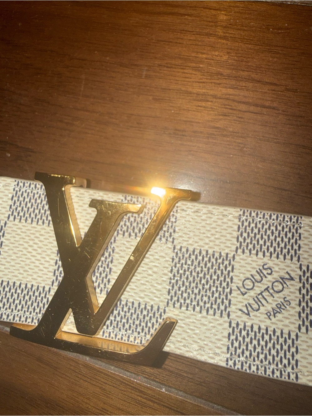 Louis Vuitton Cream and Blue Damier Azur Canvas Belt with Gold LV Buckle ✨